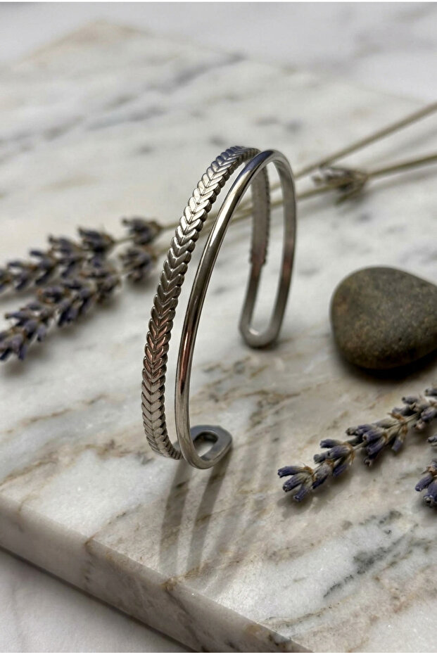 Women's Double Band Fishbone Patterned Silver Color Adjustable Bracelet