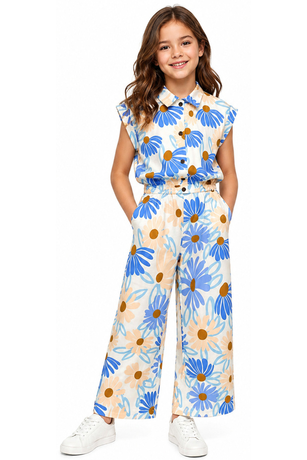 Girls' Floral Print Button Closure Elastic Waist T-Shirt Wide Leg Floral Print Pants Stylish Two-Piece Set