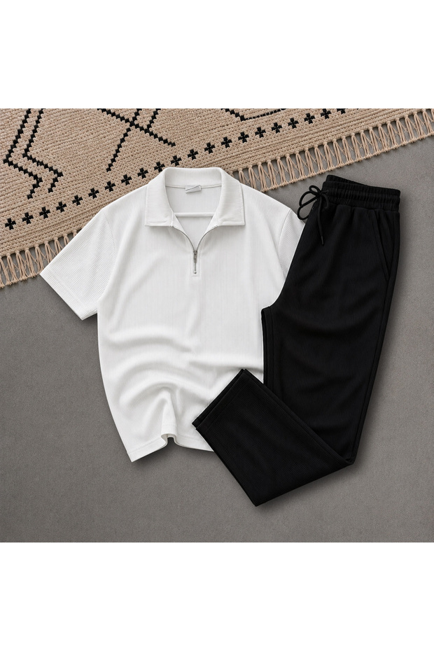 New Season Premium Fabric Ribbed Ottoman Summer Zippered T-Shirt and Sweatpants 2-Piece Set
