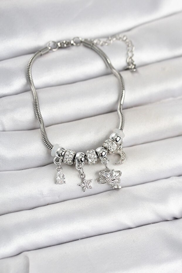Brass Silver Color Charmlı Women's Bracelet