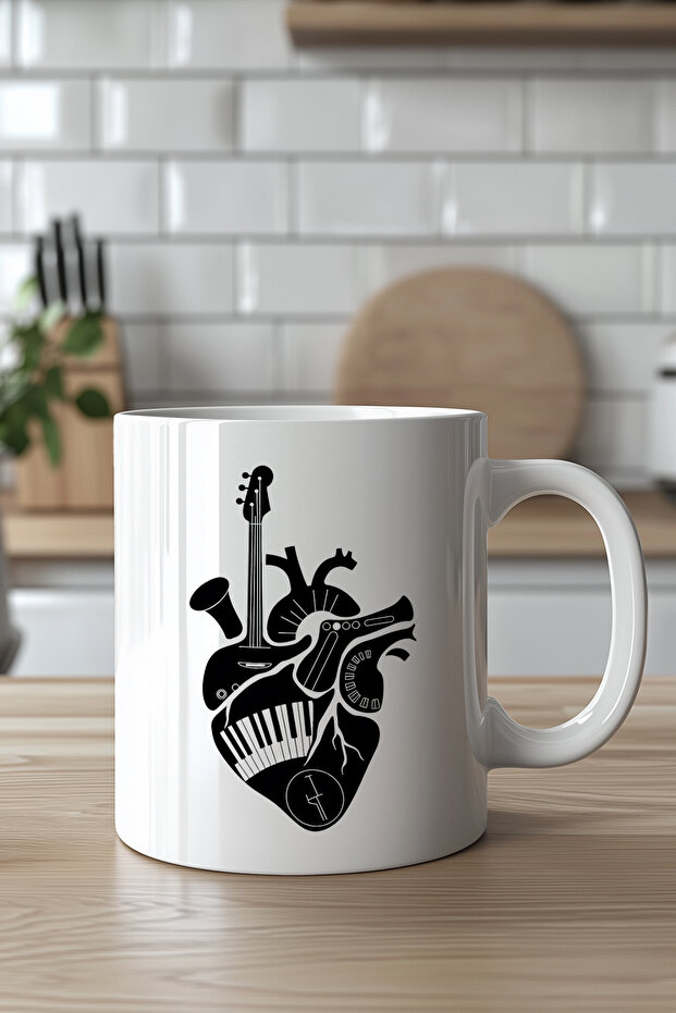 Music Themed Heart Patterned 330ml Printed White Ceramic Mug Cup
