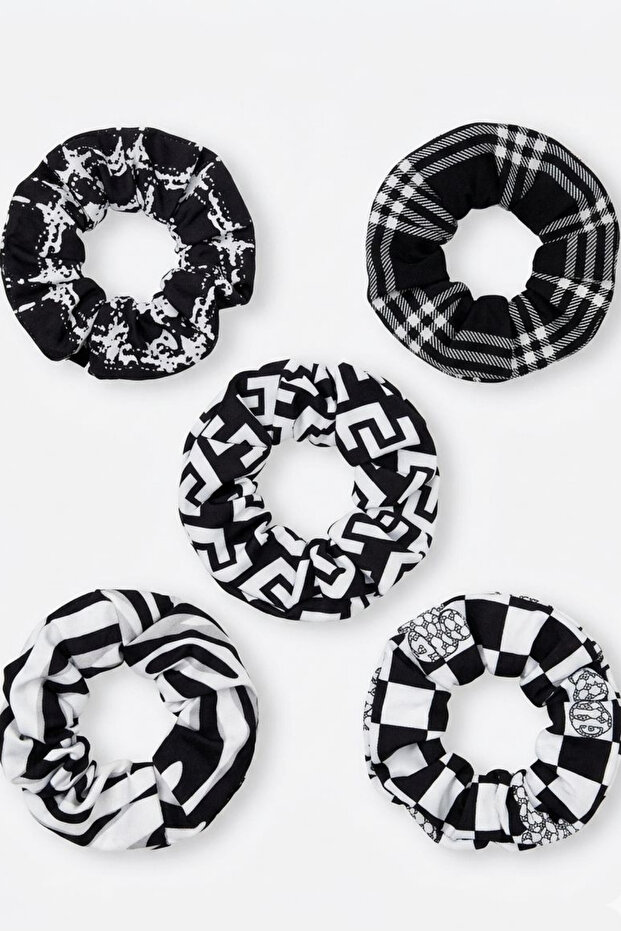 Women's Black Patterned 5-Piece Elastic Hair Clip Set Stylish Scrunchie Hair Clip
