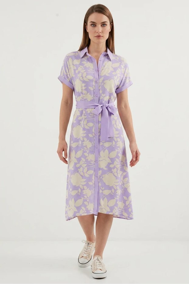 Women's Shirt Collar Belted Floral Patterned Viscose Lilac Dress