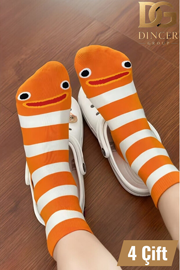 Dincer Group 4 Pairs of Cute Eel Patterned and Striped Long Socks with Orange Stripes