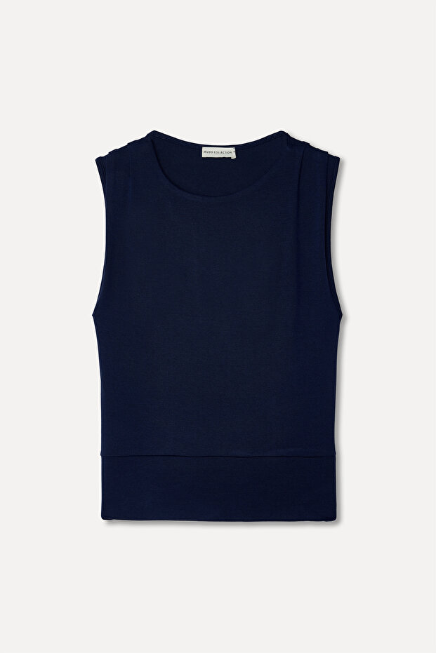 Women's Navy Blue Fitted Crew Neck Sleeveless Blouse with Back Detail