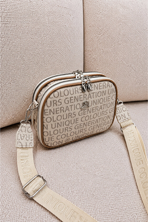 Women's Beige-Tan Written Multi-Compartment Cross Shoulder Bag with Adjustable Strap Daily Use Zipper Bag