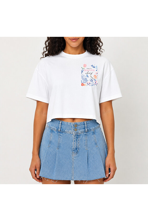 Crop T-Shirt White Printed Relaxed Fit Raw Cut Basic Short Tshirt