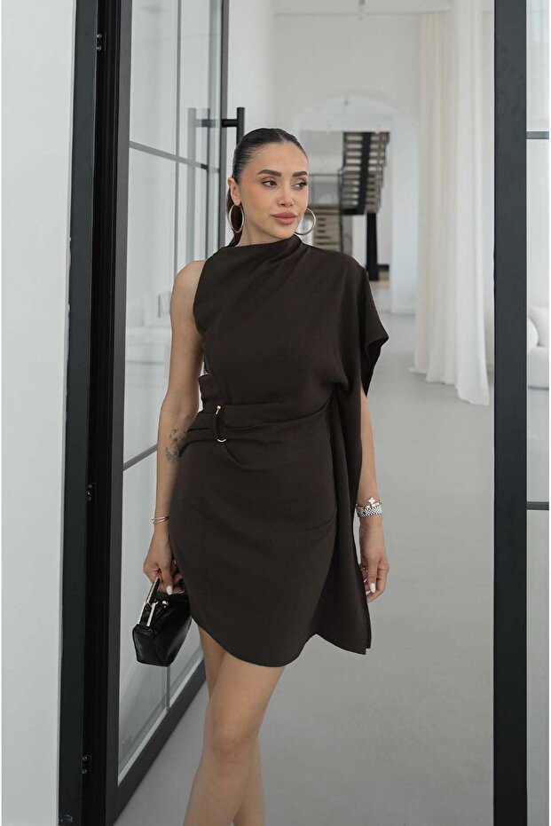Brown Bone One-Shoulder Dress with Shawl Detail