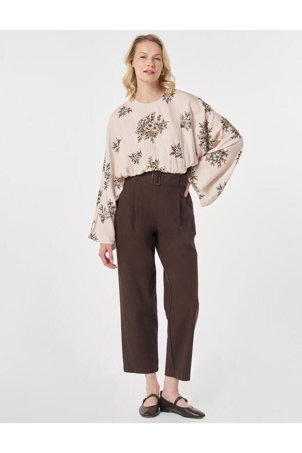 Belt Detailed Viscose Trousers Brown