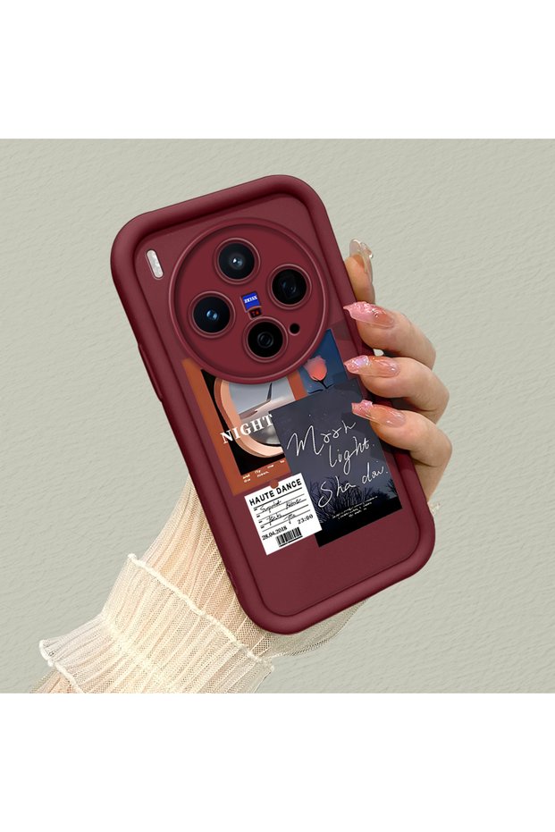 Vivo X300 Compatible Maroon Frame Vintage Photo Collage Motif Flexible Silicone Case