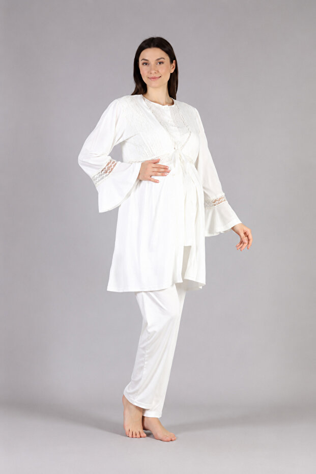 3-Piece Maternity Pajama Set with Dressing Gown and Lace Detail