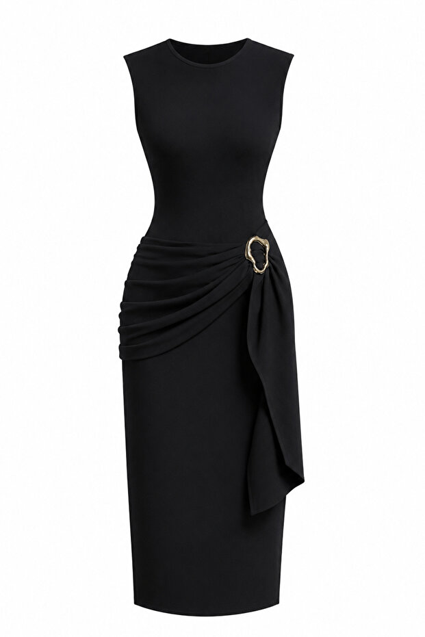 Women's Buckle Detailed Belted Gathering Molded Maxi Dress 9514