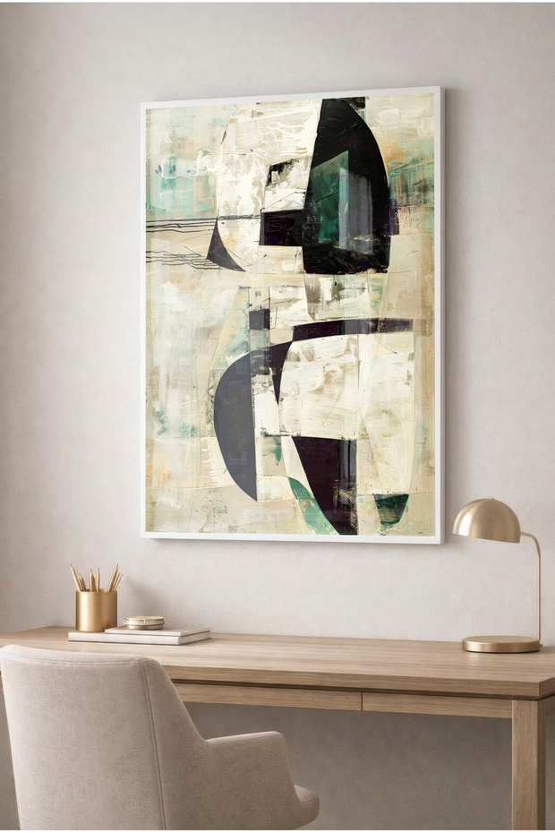 Modern Glass Table with Cream and Mint Green Details - Home, Office, and School Table with White Metal Frame