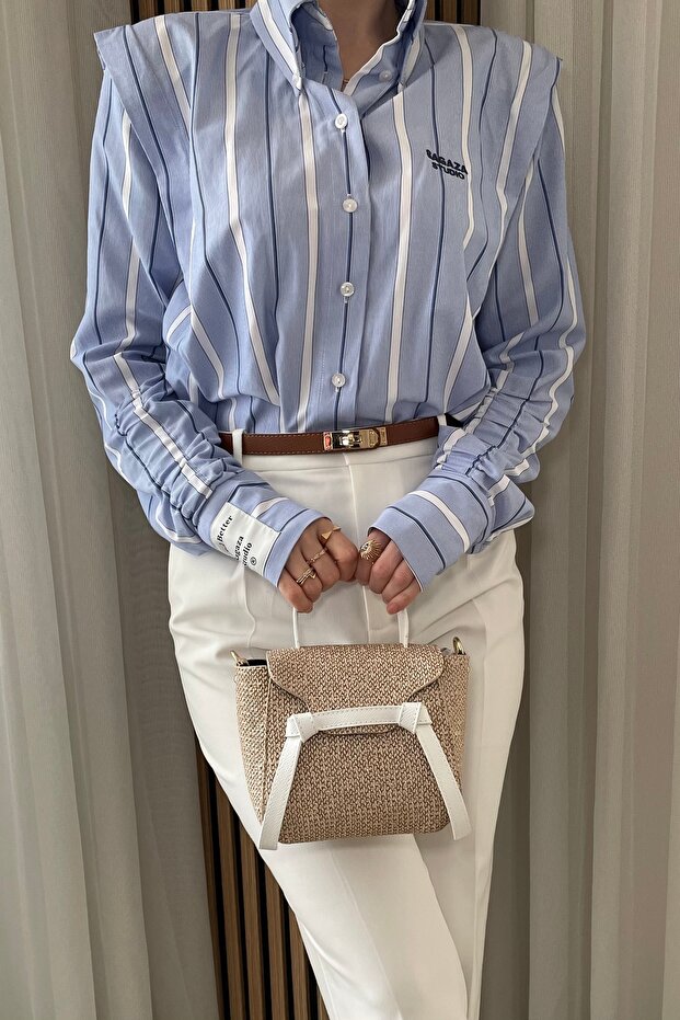 Women's Straw Look White Handle Detailed - Adjustable Long Strap Hand and Shoulder Bag