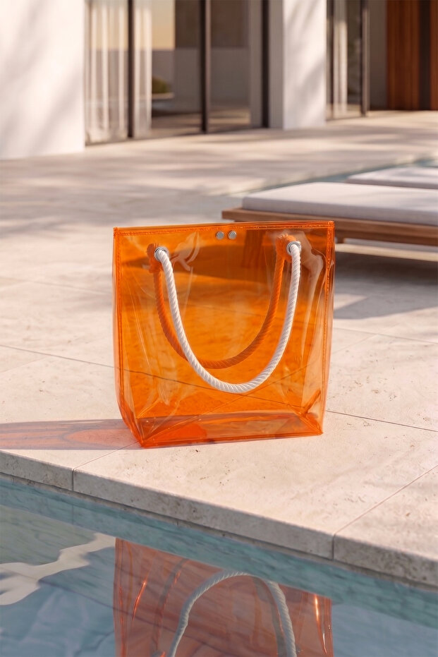 Mesh Rope Strap Transparent Beach Bag 02 Orange