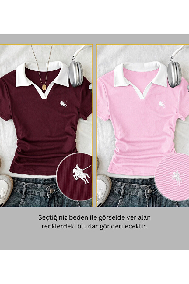 Soul Colorful Polo Collar Embroidered Gathered Blouse