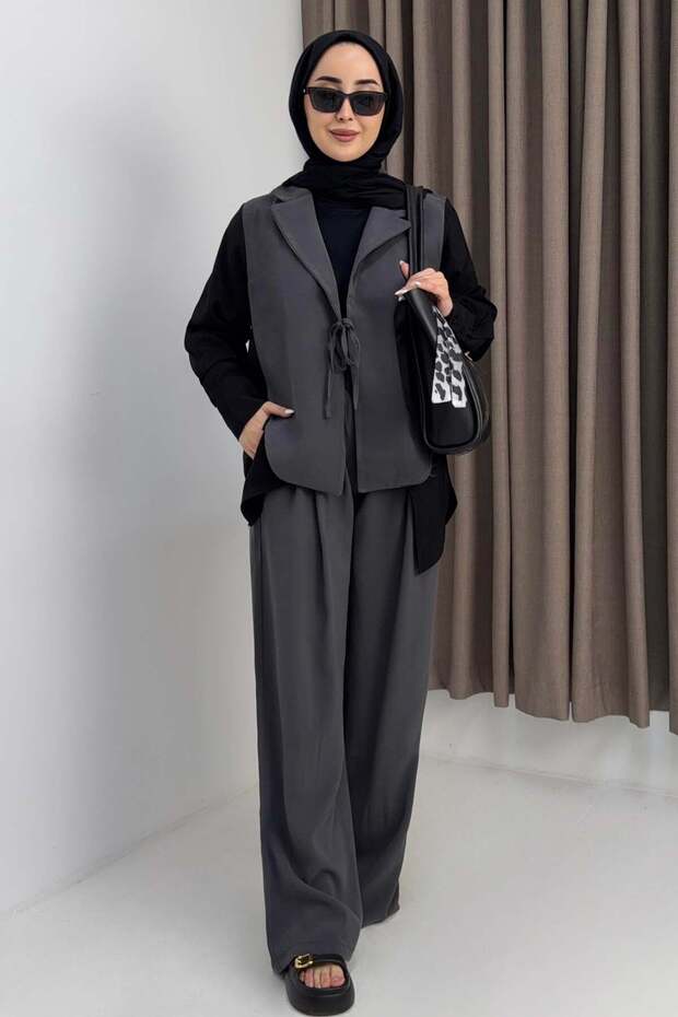 Women's Garnished Jacket with Tie Front Collar, Dieognel Fabric Suit, Anthracite
