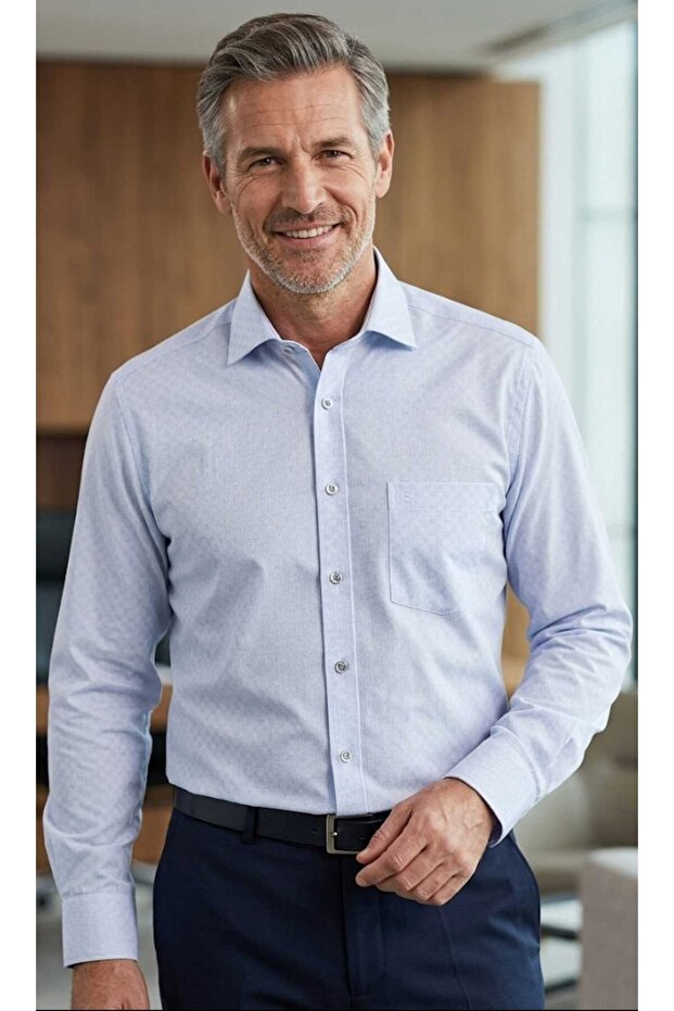 Long Sleeved Pocketed Self-Patterned Classic Cut Men's Shirt