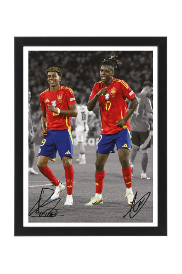 Lamine Yamal and Nico Williams Celebration - Framed Poster 30x40cm - Printed Autograph - Spain Football Memorabilia, Soccer Collectible, Gift for Fans , Man Cave