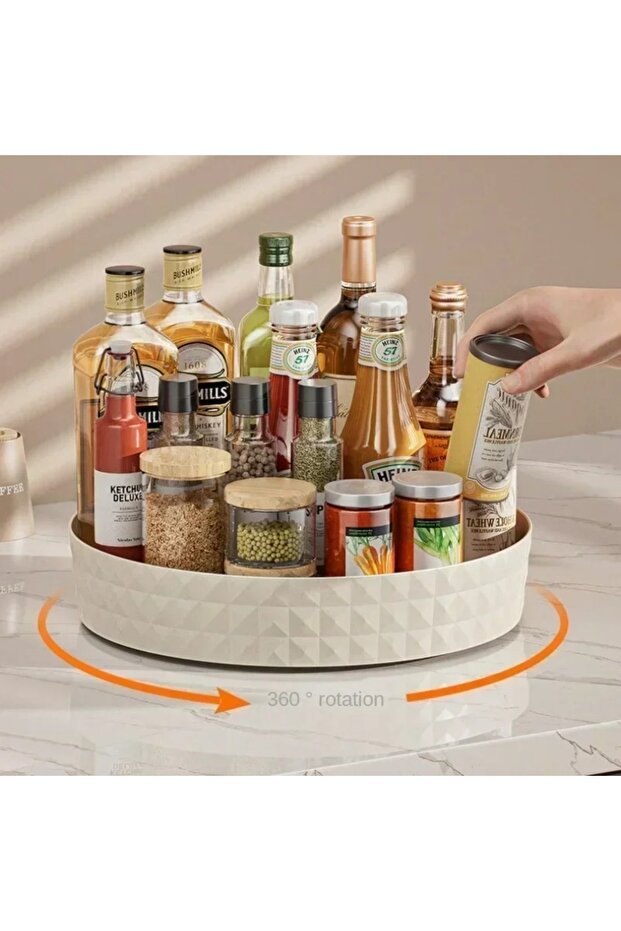 Cream White 360 Degree Rotating Kitchen Countertop Organizer, Rack for Cabinet Soy Sauce Bottle Sto