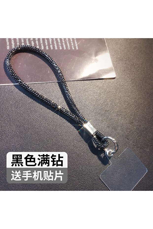 PE Black Rhinestone Phone Lanyard | Bling Crystal Wrist Strap for Cell Phone | Rainbow & Silver Spar