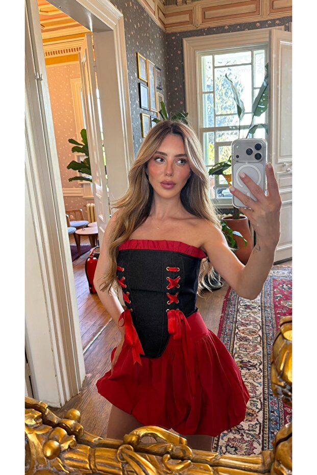 Red Denim Corset Balloon Skirt Set - 7914
