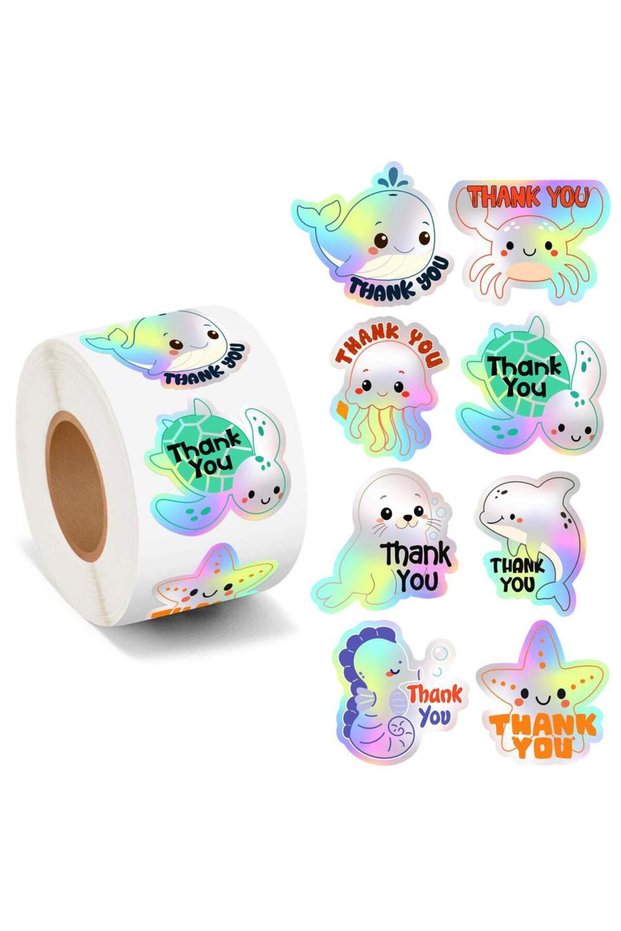 H1028-500pcs 500Pcs Under The Sea Thank You Stickers Roll Holographic Summer Ocean Animal Turtle Jel