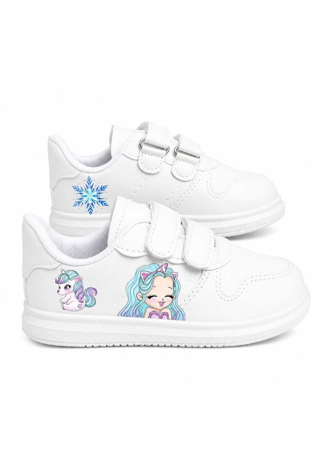 Blue Princess's Blue Horse and Snowflake Printed White Band Children's Sports Shoes Sneaker