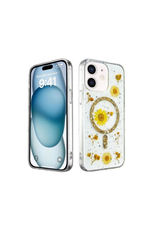 Apple iPhone 12 Case Daisy Glitter Magsafe Cover - Gold