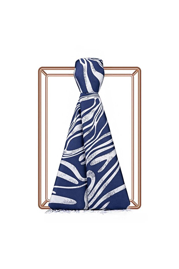 Ocean Breeze Patterned Silk Shawl 09204-White Navy Blue