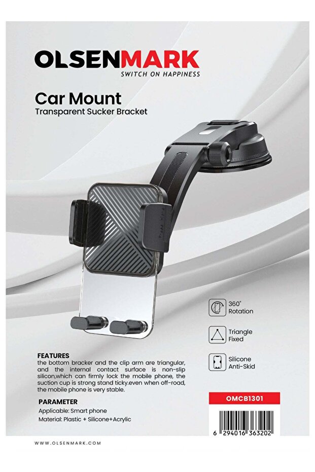 Car Mount OMCB1301 | Transparent Suction Bracket | 360° Rotation | Anti-Skid Silicone Grip