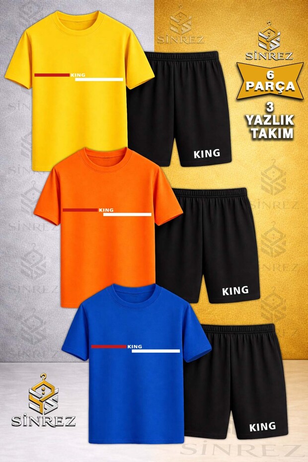 3Lü Çocuk KING KIRMIZI BEYAZ YAN CIZGI Baskılı Bisiklet Yaka Tişört - Şort Takım - 1