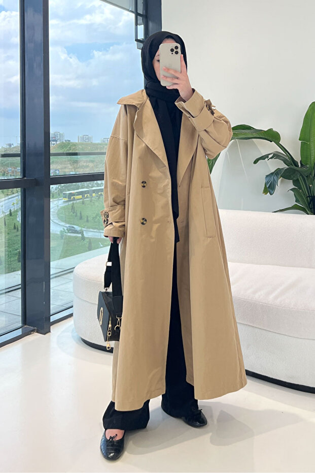Dima Back Button Detailed Trench Coat - Camel
