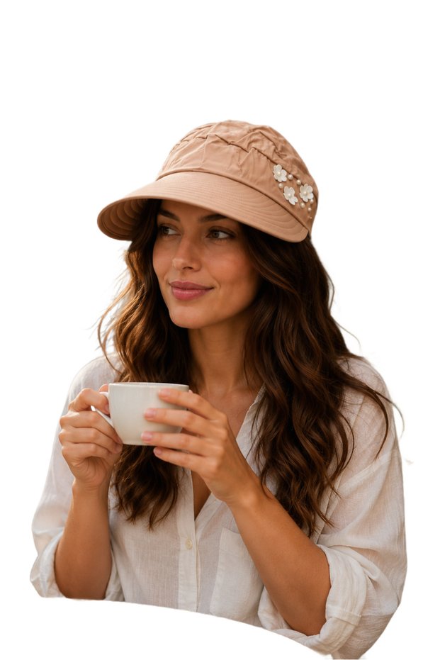 Women's Beige Visor Hat with Floral Detail, Adjustable Adhesive Summer Sun Protection