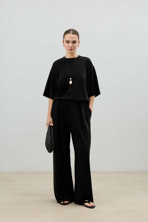 Black Modal Blend T-Shirt Pants Women's Set