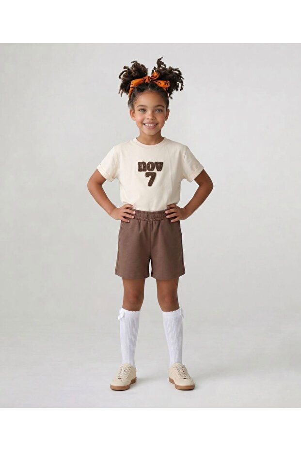 Li̇mi̇ Girl's Soft, Flexible, Embroidered, Combed Cotton Shorts Set