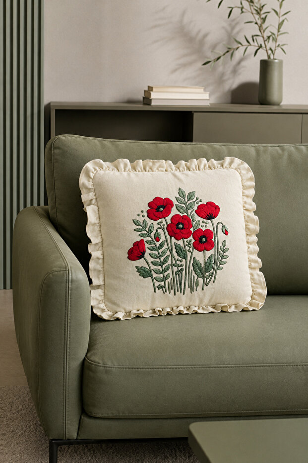 Ruffled Poppy Patterned Decorative Throw Pillow Cover 100% Cotton Organic Dye Printed 45X45 cm