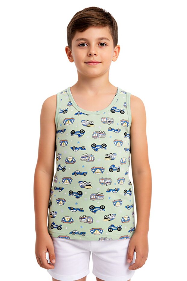 Boy's Green Printed Cotton Undershirt