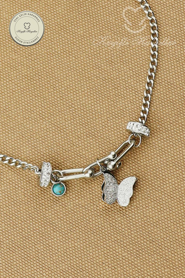 Steel Bracelet - Zircon Stone, Silvery Butterfly, Turquoise Stone, 316L Steel, Non-Tarnish Bracelet 17+5 cm