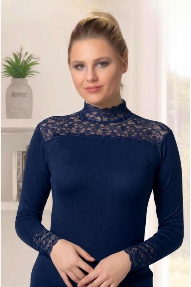 2 Pieces Women's Turtleneck Long Sleeve Lace Collar Bodysuit Cotton Lycra