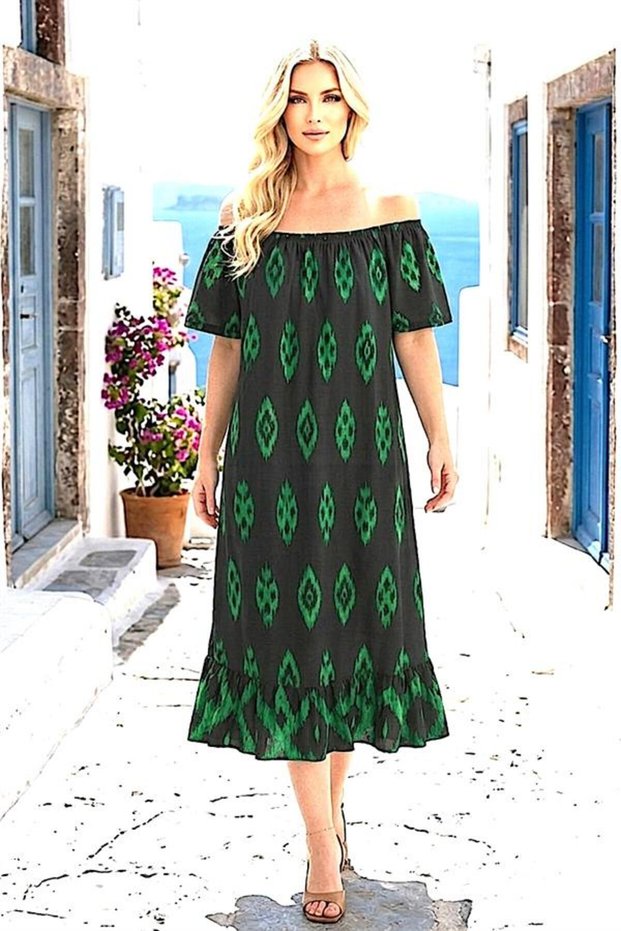 Green Authentic Patterned Madonna Collar Dress