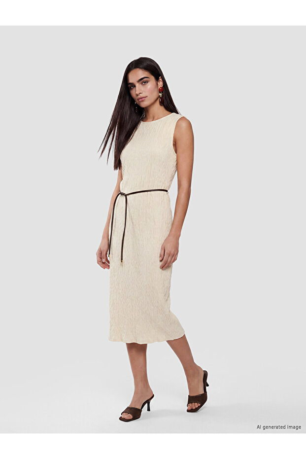 Ecru Crew Neck Belted Textured Dress