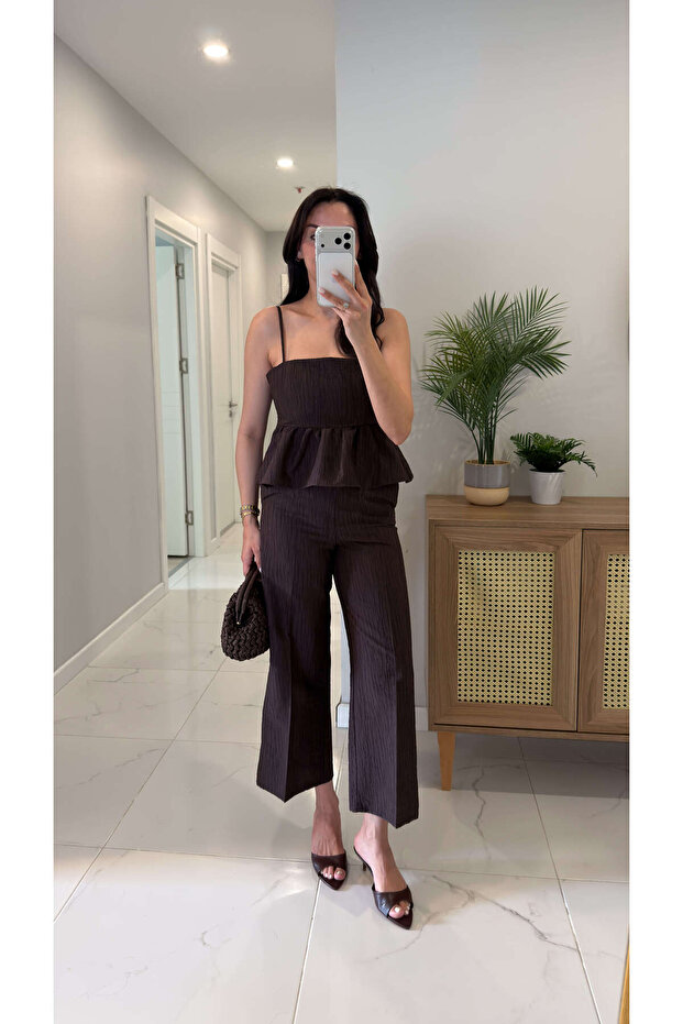 Maksy Coffee Patterned Strappy Blouse and Pants Set