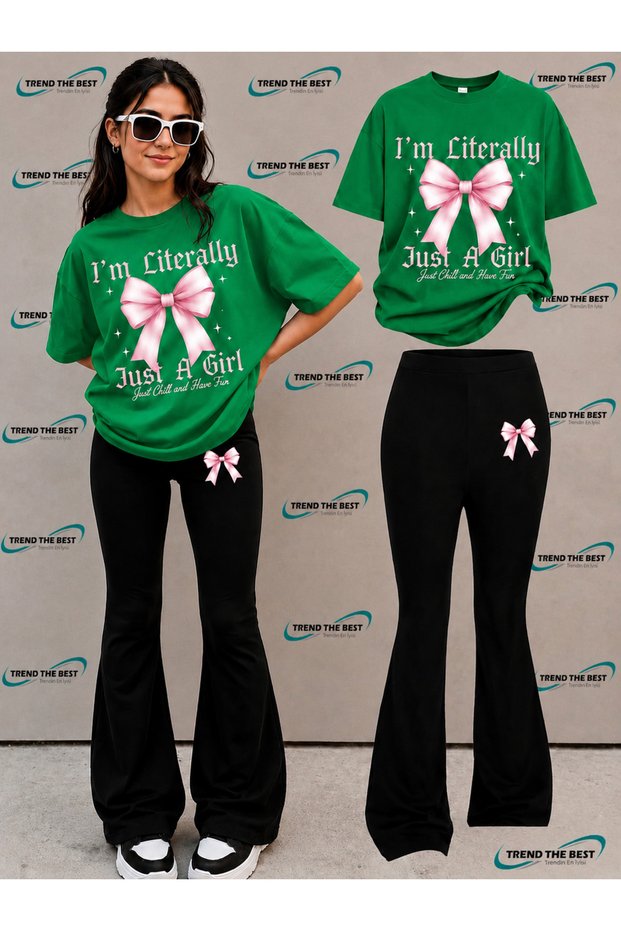 Summer Black Spanish Flared Pants and T-Shirt, I'M Just a Gırl Pink Big Ribbon Print Design Kids Girls Set