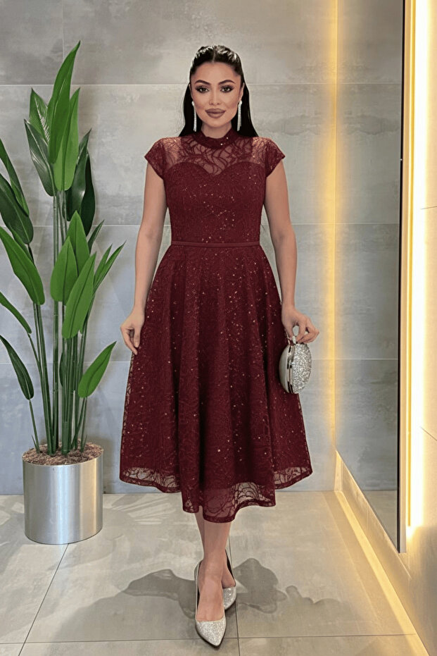 Lace Sequin Fabric Midi Dress - Bordo
