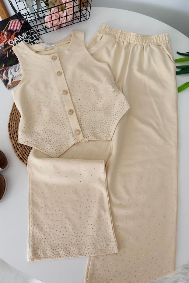 My Little One's Stones Embellished Vest Girls' 2-Piece Set - Cream