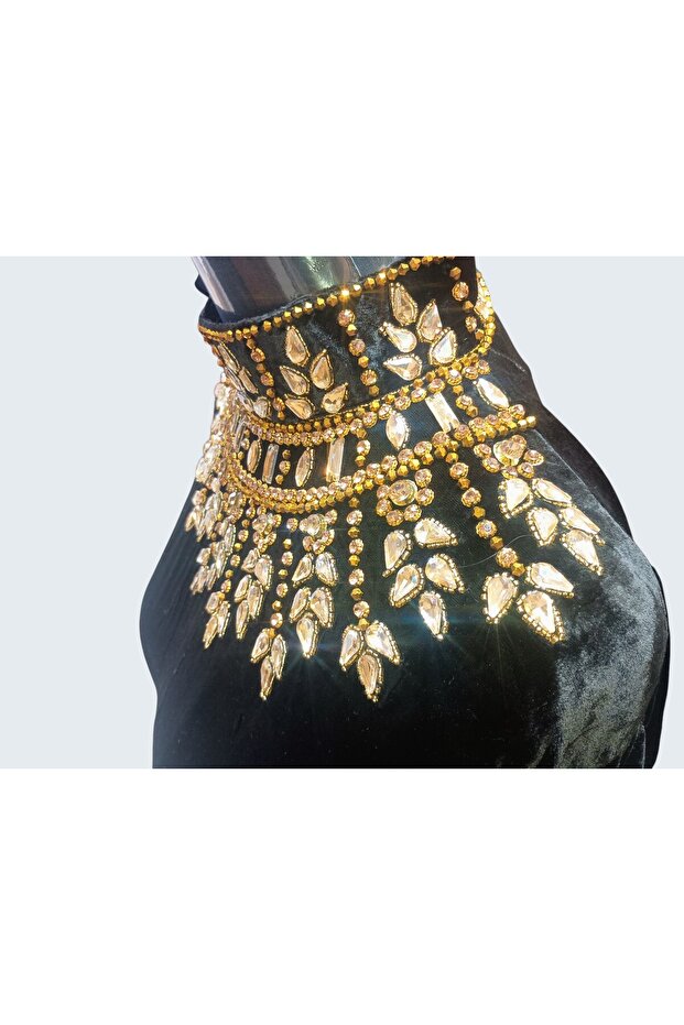 Premium Golden Bead Embroidered Velvet Abaya for Occasions