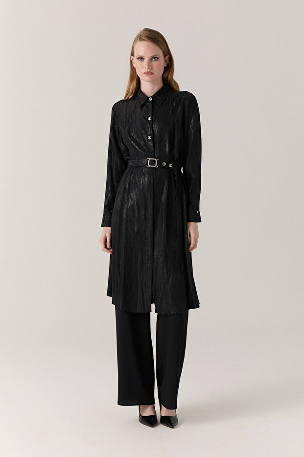 Shiny Textured Shirt Collar Black Tunic with Buckle Belt 1624