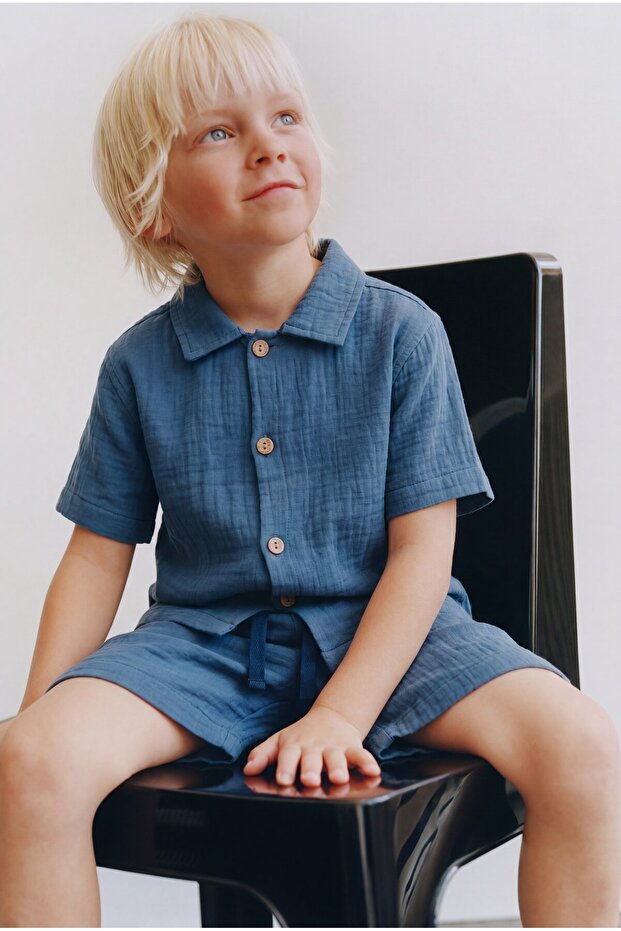 Boy's Cotton Blue Muslin Shirt Shorts Set