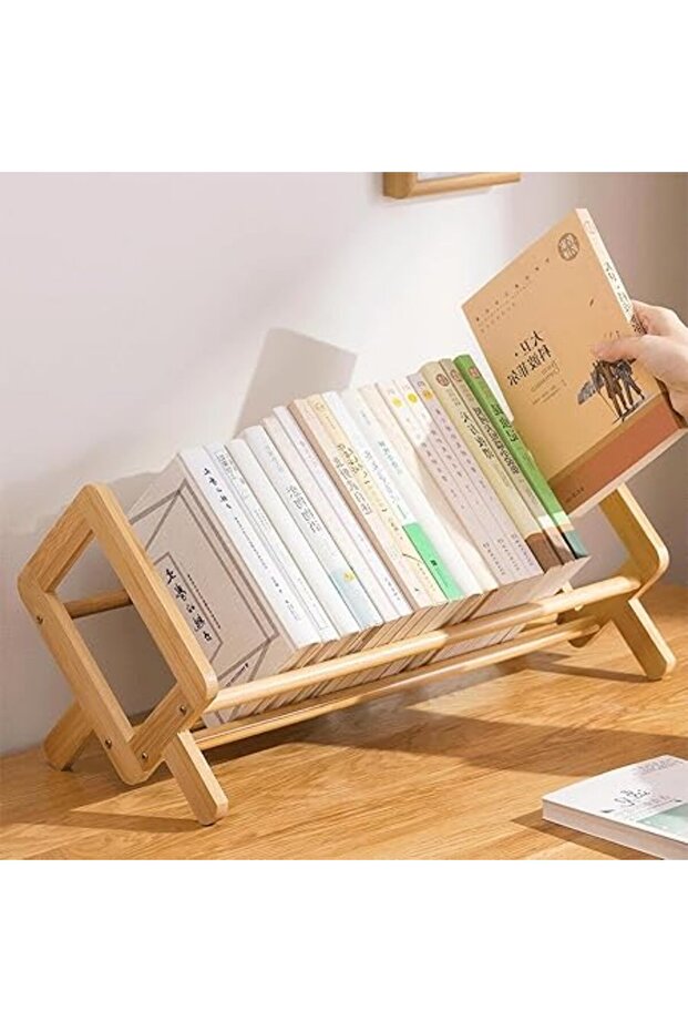 Bamboo Desktop Bookshelf Organizer, Tilted Book Rack for Small Spaces, for CDs Magazines Display
